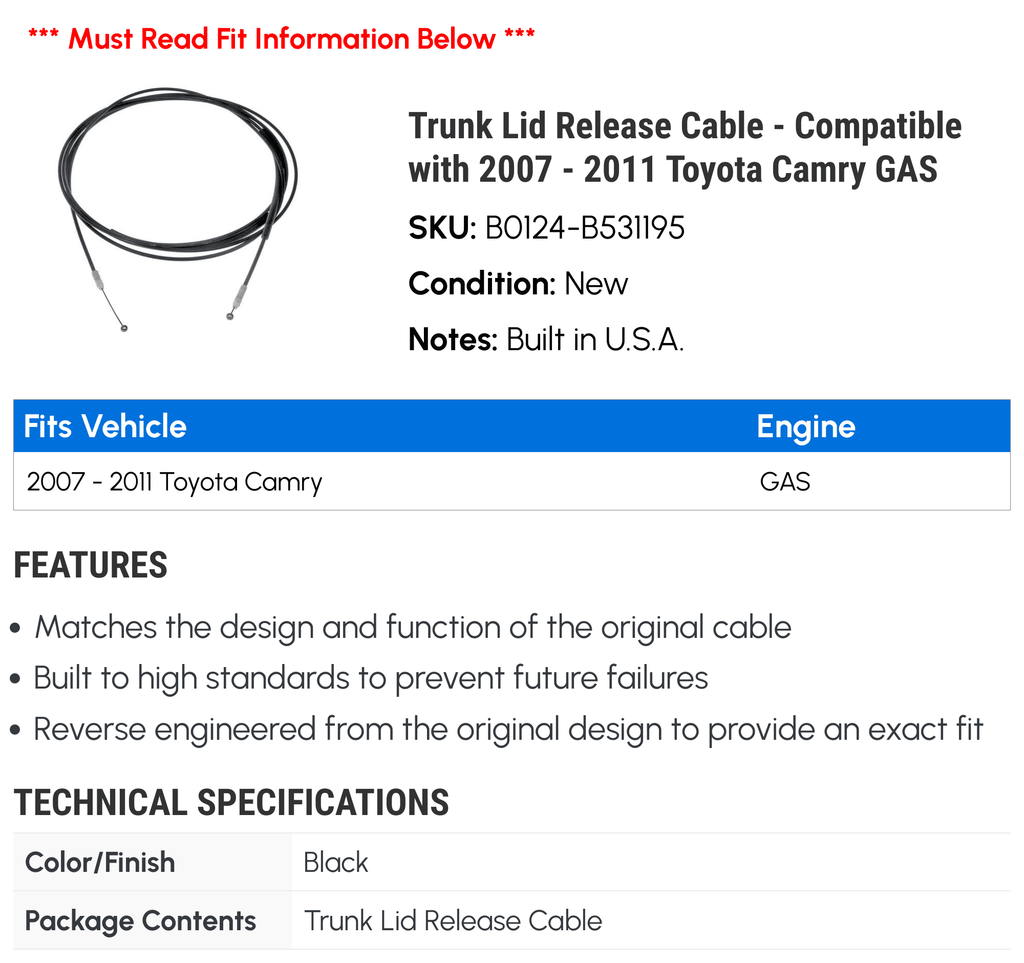 Toyota 2011 Trunk Release with Compatible 2010 2008 - 2007 Cable 2009 GAS Camry Lid -