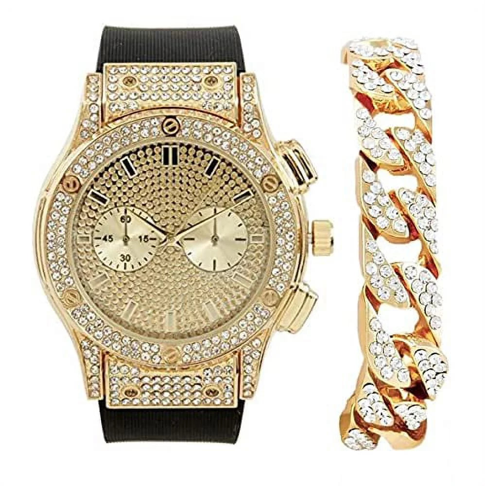 Bling Cuban) Inspired Faux - - Chrono Hop Watch Diamond by Big - Rubber Raymond Hip Out on Eyes (Gold Rhinestones - Blast Iced ST10311 Timepiece Charles Mens