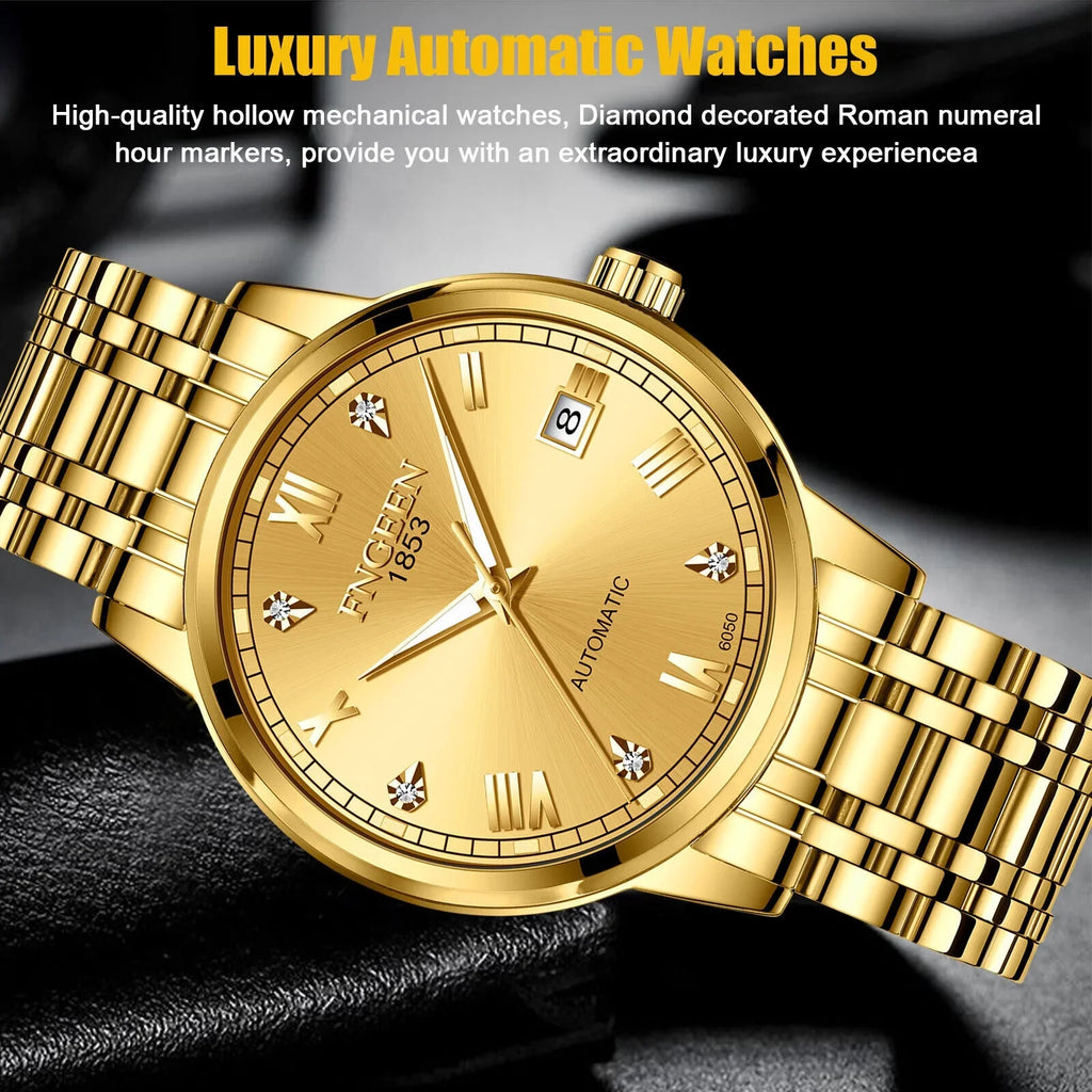 Wrist Automatic Steel Gold Luxury Men Waterproof Stainless Tone Mechanical Watch