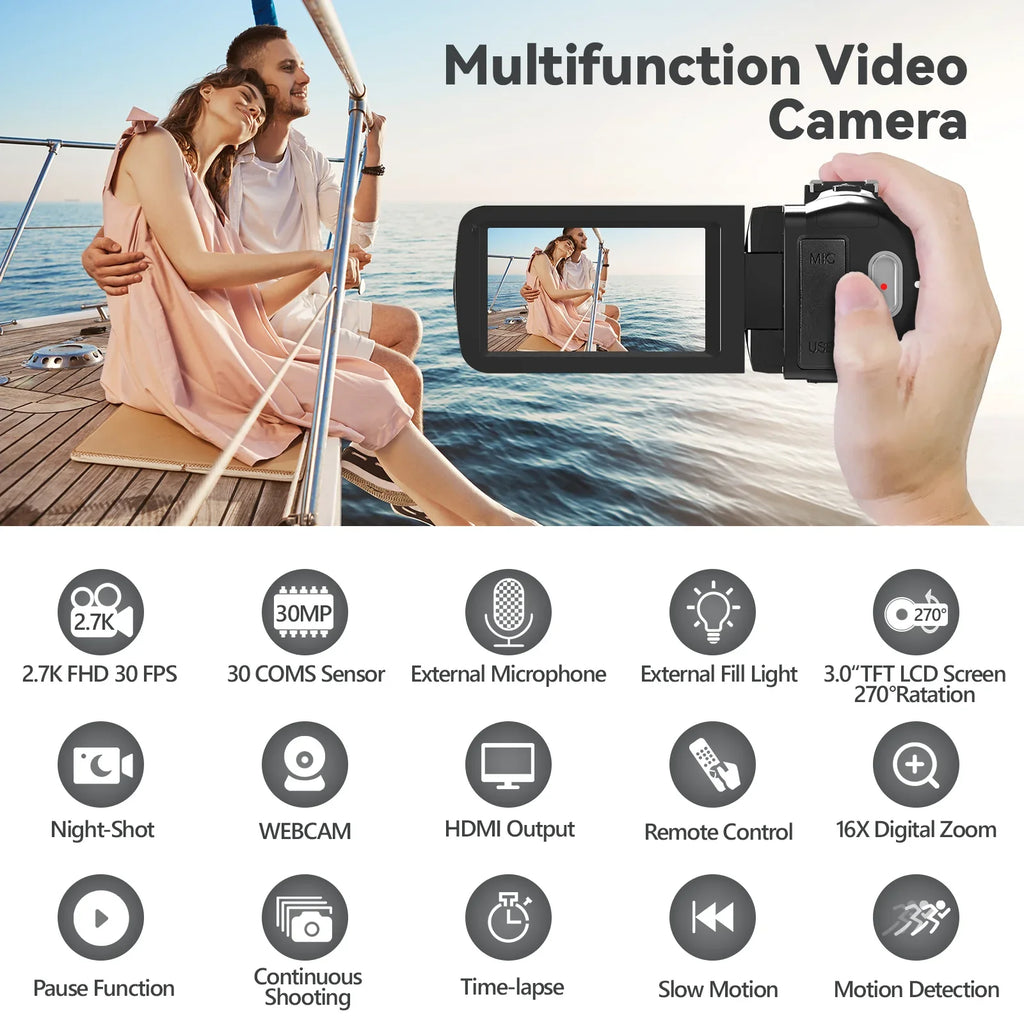Digital Camera, Full Vlogging Remote IR 2 Vision Night 30FPS SEREE Camcorder Camera for HD Film Youtube 30.0 MP 2.7K Video Batteries, Camera