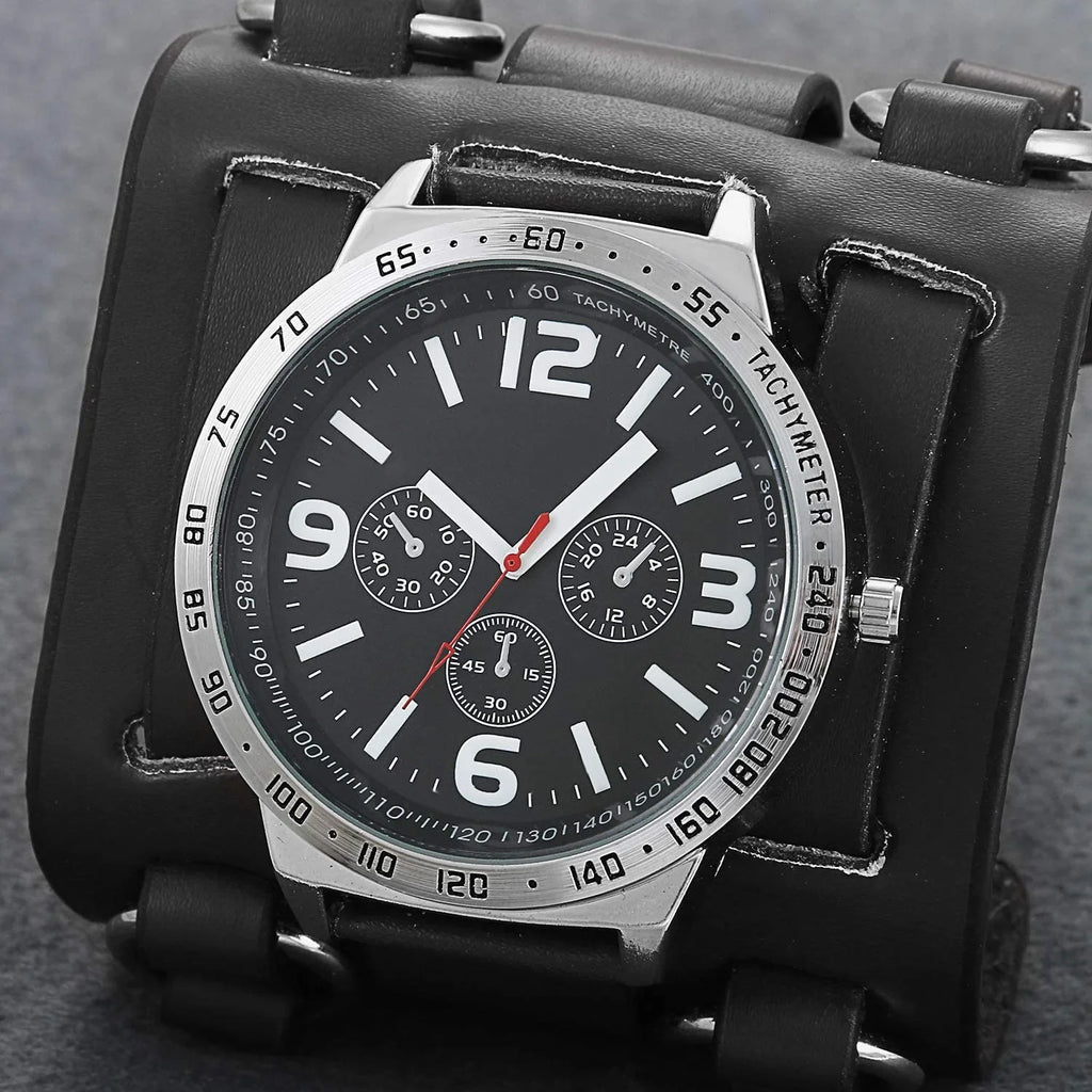 Watch Dial Wrist Watch Wide Gothic Genuine Black Quartz Watches Bracelet Leather Costume Halloween Hip-hop Military Cuff Retro Mens for Sport Replaceable Big Japan Steampunk