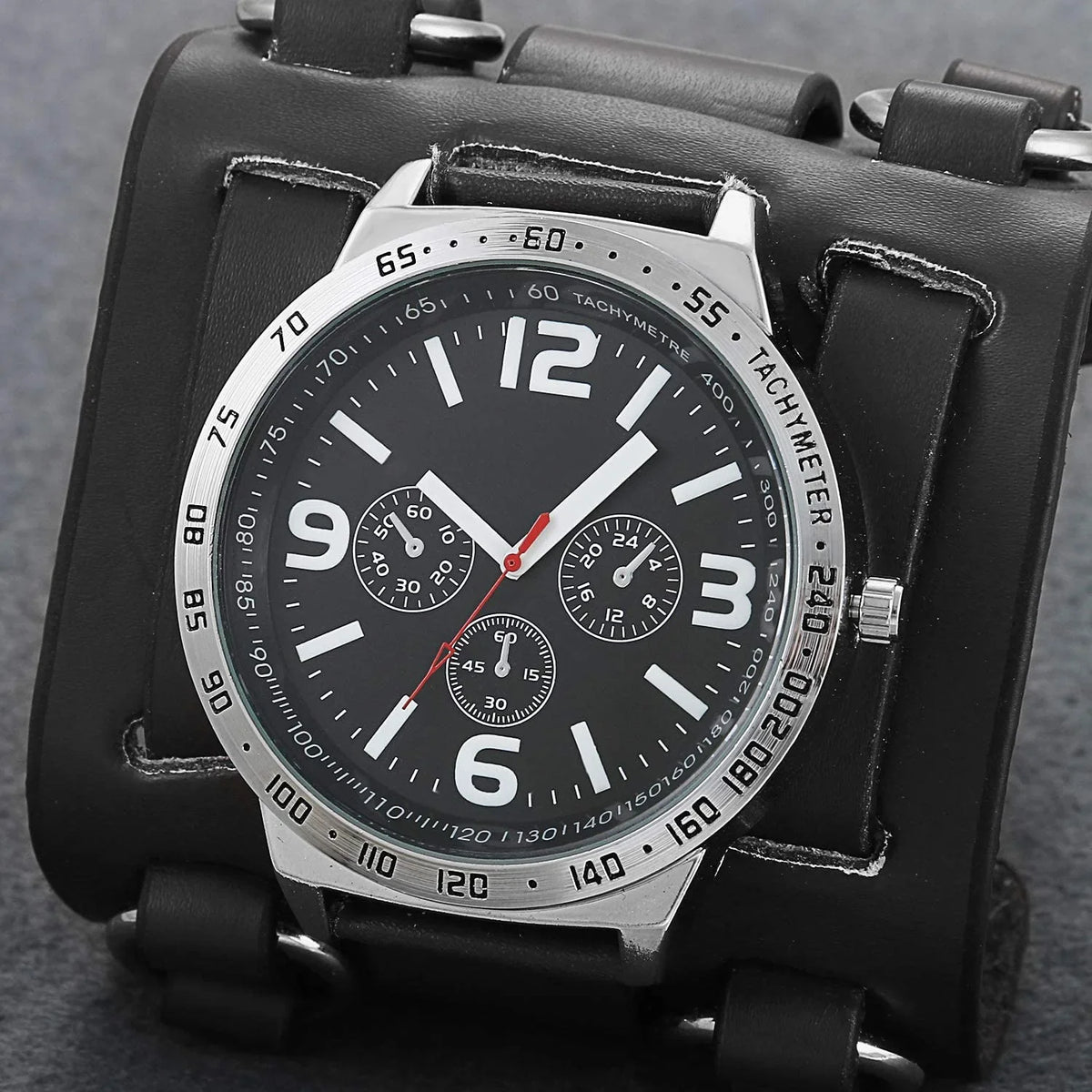 Watch Dial Wrist Watch Wide Gothic Genuine Black Quartz Watches Bracelet Leather Costume Halloween Hip-hop Military Cuff Retro Mens for Sport Replaceable Big Japan Steampunk