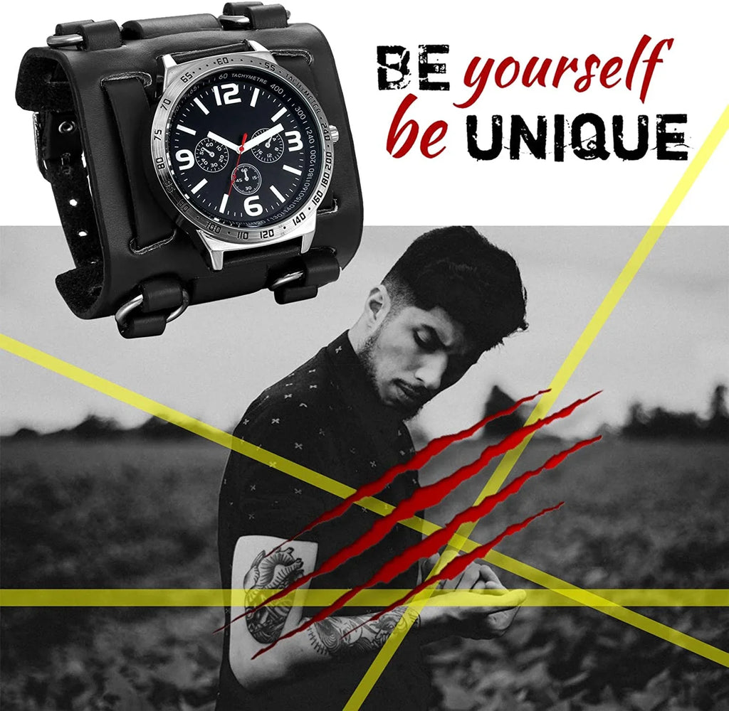 Watch Dial Wrist Watch Wide Gothic Genuine Black Quartz Watches Bracelet Leather Costume Halloween Hip-hop Military Cuff Retro Mens for Sport Replaceable Big Japan Steampunk
