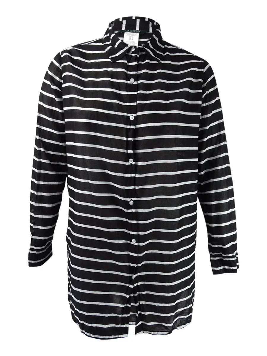 Lauren Lauren Striped Women's Camp Shirt XS) (Black/White, Ralph Cover-Up