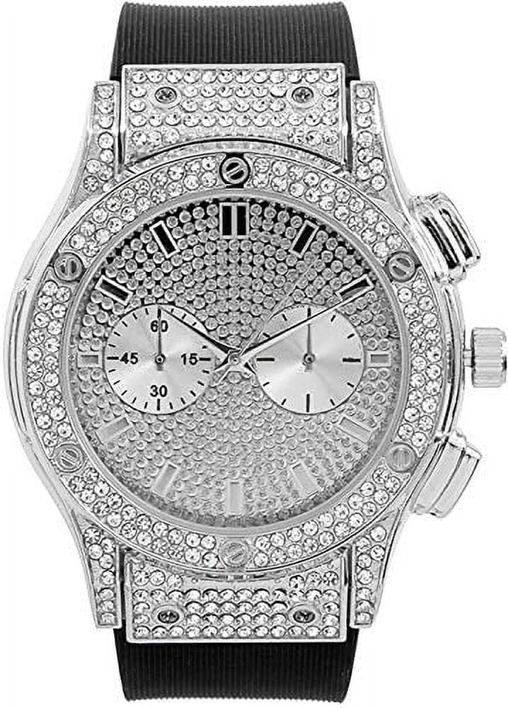 '- Out Watch Rhinestones Inspired - Raymond Chrono Iced by Eyes Diamond Rubber - (Silver Charles - Mens Bling ST10311 Blast Big Cuban) Timepiece on Hop Hip Faux