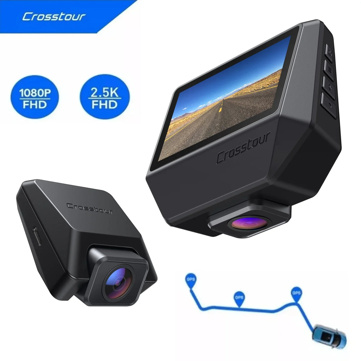 GPS, Backup 170° Cam 2.5K Rear, Dash Magnetic Crosstour for Camera inch 3 Camera Recorder Cars Screen Front IPS Dashboard and Dash