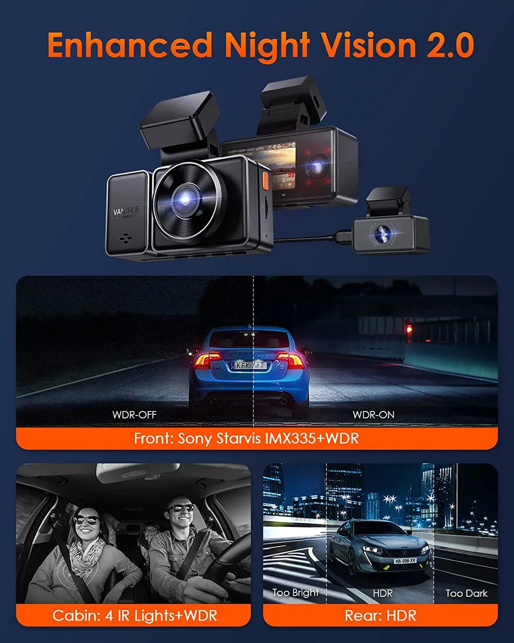 Rear Mode, WiFi Dash Voice 3 and Support Camera Vantrue Front Vision, E3 1944P+1080P+1080P 2.5K Dash 24 Channel Max IR Way GPS Cam Control, Triple STARVIS 3 Inside, Parking with Hours 512GB Night
