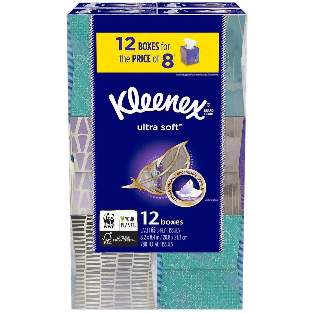 65 Ultra Pack, Tissues - Boxes Soft Cube (12 Kleenex Facial tissues)
