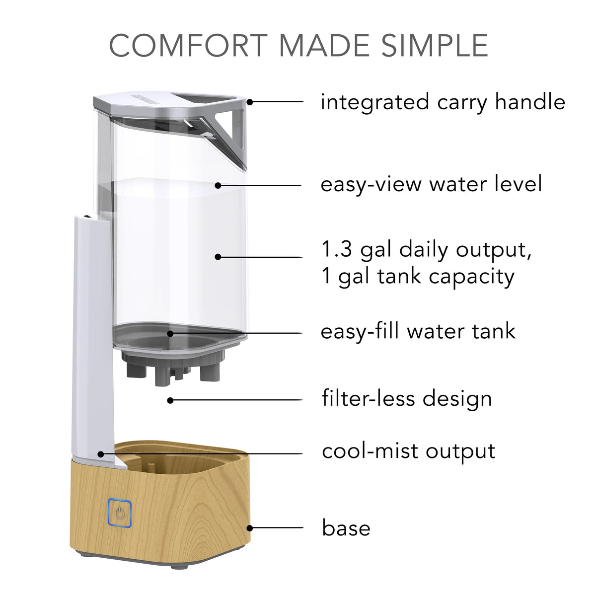 1 Mist Woodgrain Cool Sharper Humidifier, Ash Image Light Ultrasonic gal.,