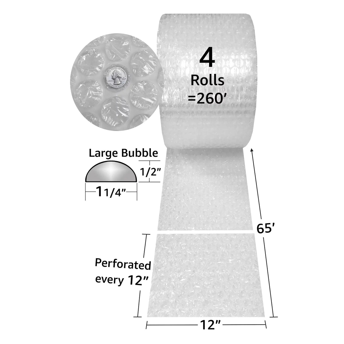 Wrap 1/2" x UOFFICE - ft 260 wide Cushioning Roll Size Bubbles Bubble 12" Large -