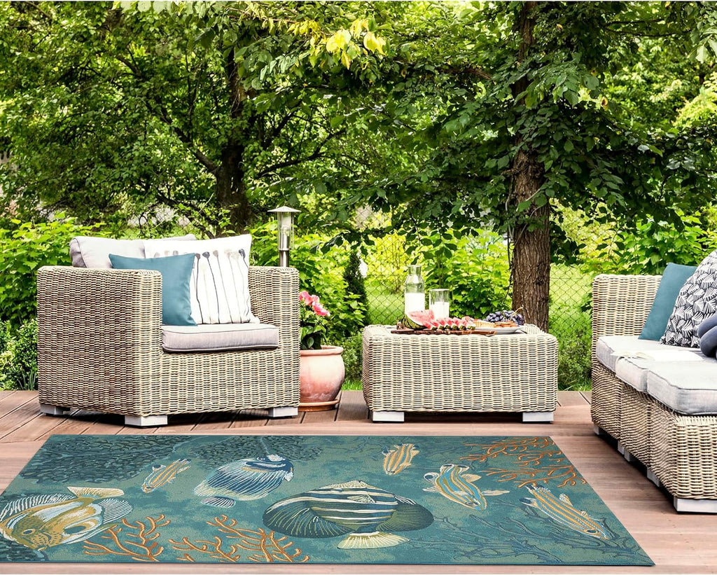 9'4") Transitional Coastal Blend - Rug (6'6" Synthetic Profile Loomed Animal Indoor/Outdoor X Power Graphic Colorful Low (Fish Aqua) Marina Area