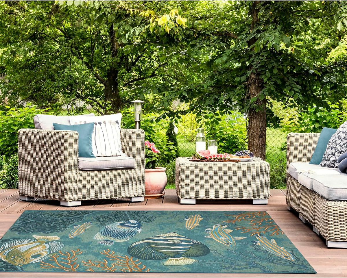 9'4") Transitional Coastal Blend - Rug (6'6" Synthetic Profile Loomed Animal Indoor/Outdoor X Power Graphic Colorful Low (Fish Aqua) Marina Area