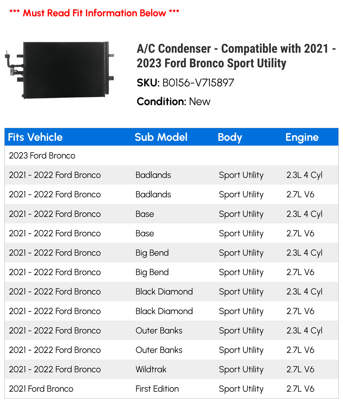 A/C Utility Ford Compatible 2023 Condenser - 2022 with Bronco Sport 2021 -