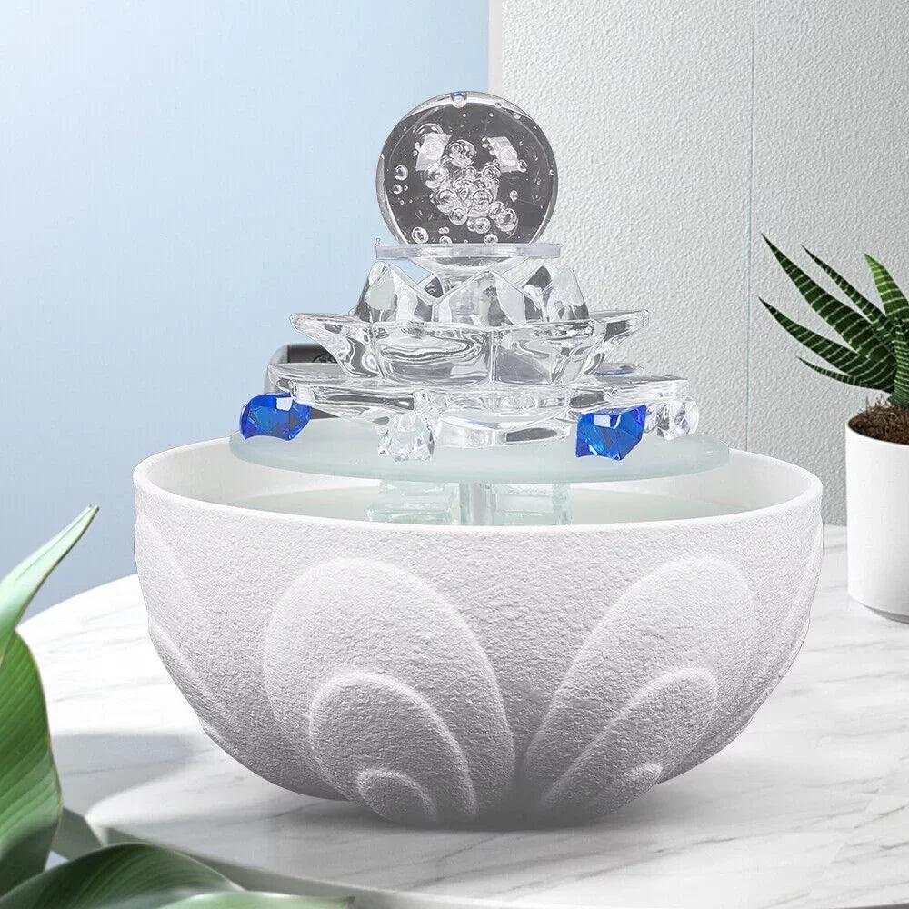 Waterfall Desktop Ornament Teahouse Lotus Desktop Fountain Tabletop Fountain Water Fountain, Decor Crystal Flowing Office Water White