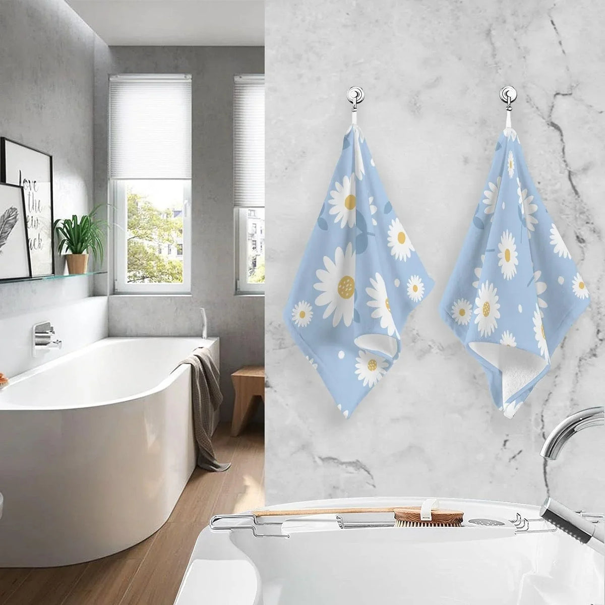 Hand of Highly Absorbent 2 Towel- Blue Set Flower Quick-Dry Bath Pack Daisy Towel Wellsay Cotton Washcloths, Face