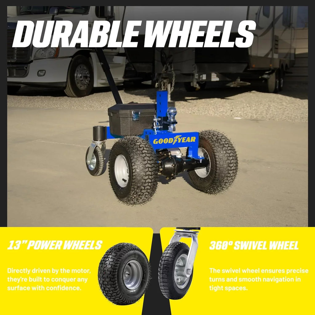 Quiet Dolly 600LB – Operation, Advanced Ski Electric 2" Commercial Goodyear Mount Ball 24V Mover Max 800W DC 7Ah, Hitch with 3600LBS Trailer Weight, Weight, RV/Boat/Utility/Jet Tongue Trailer