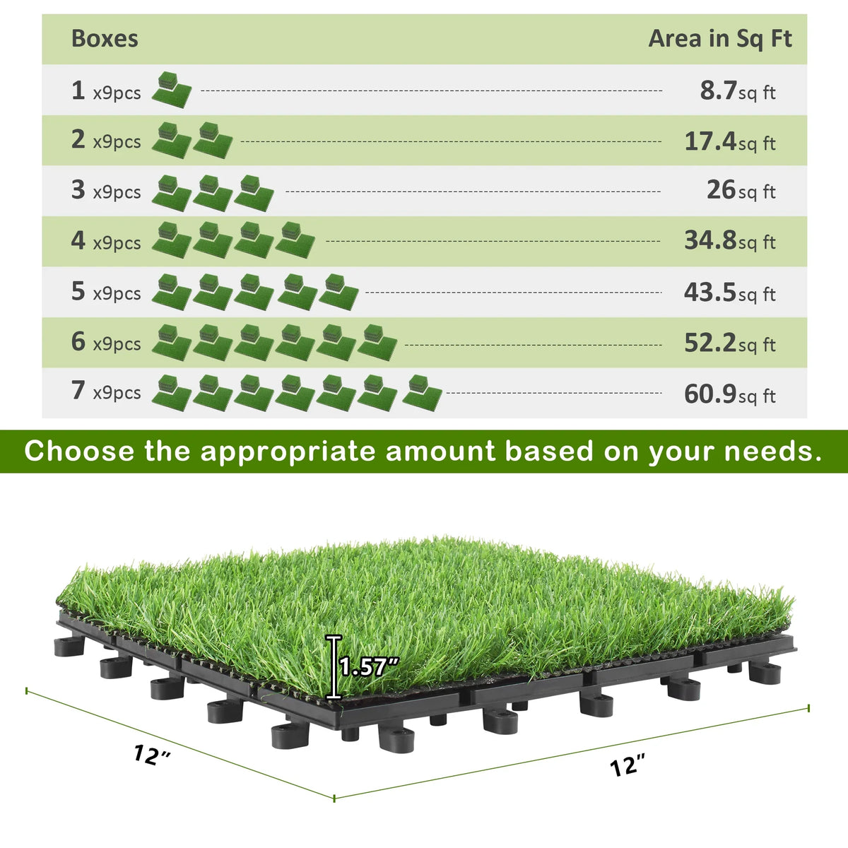 x Tile, x 2'' 12'' Grass BuxWellBang 9pcs Artificial Tile Interlocking Turf Flooring 12''