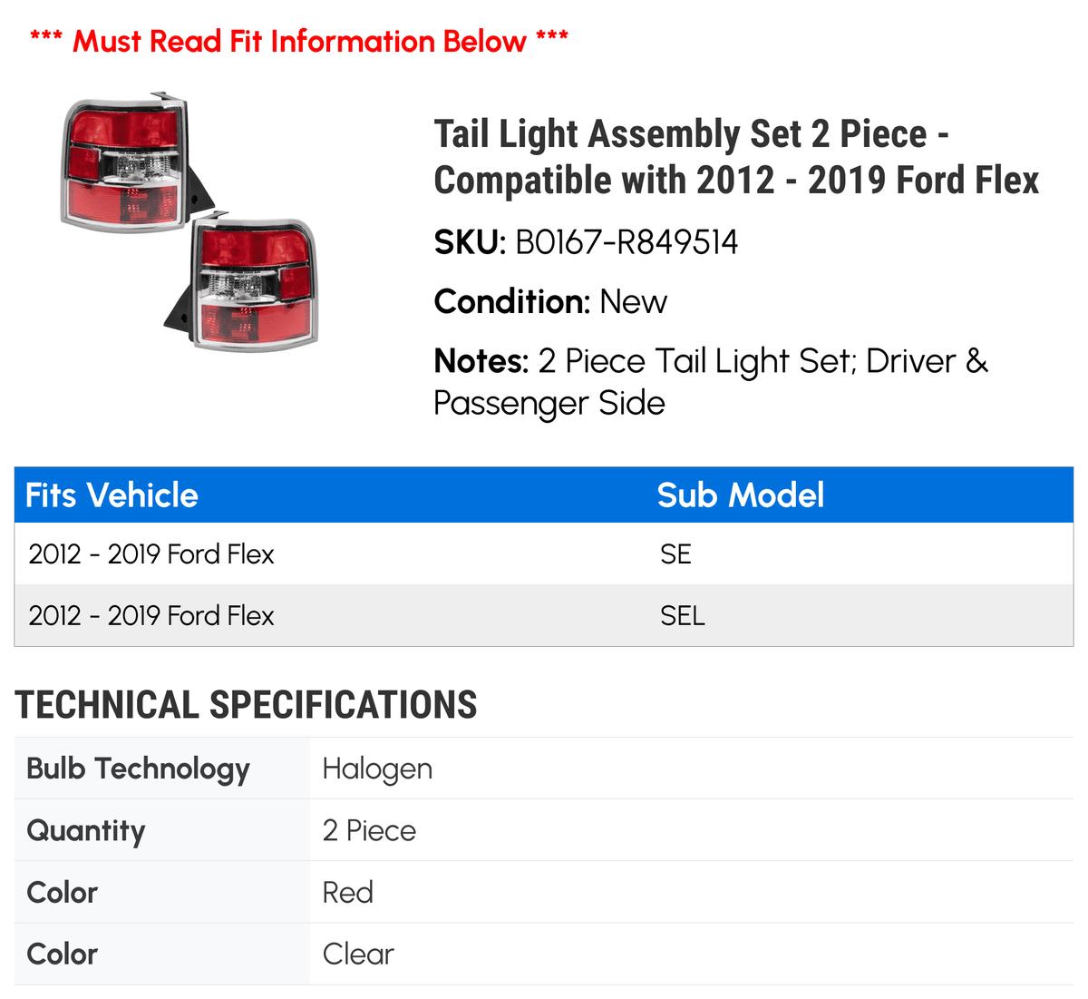 2016 2017 Light Assembly Compatible Tail 2019 - Flex Ford 2015 2014 with 2013 Set Piece 2 2012 2018 -