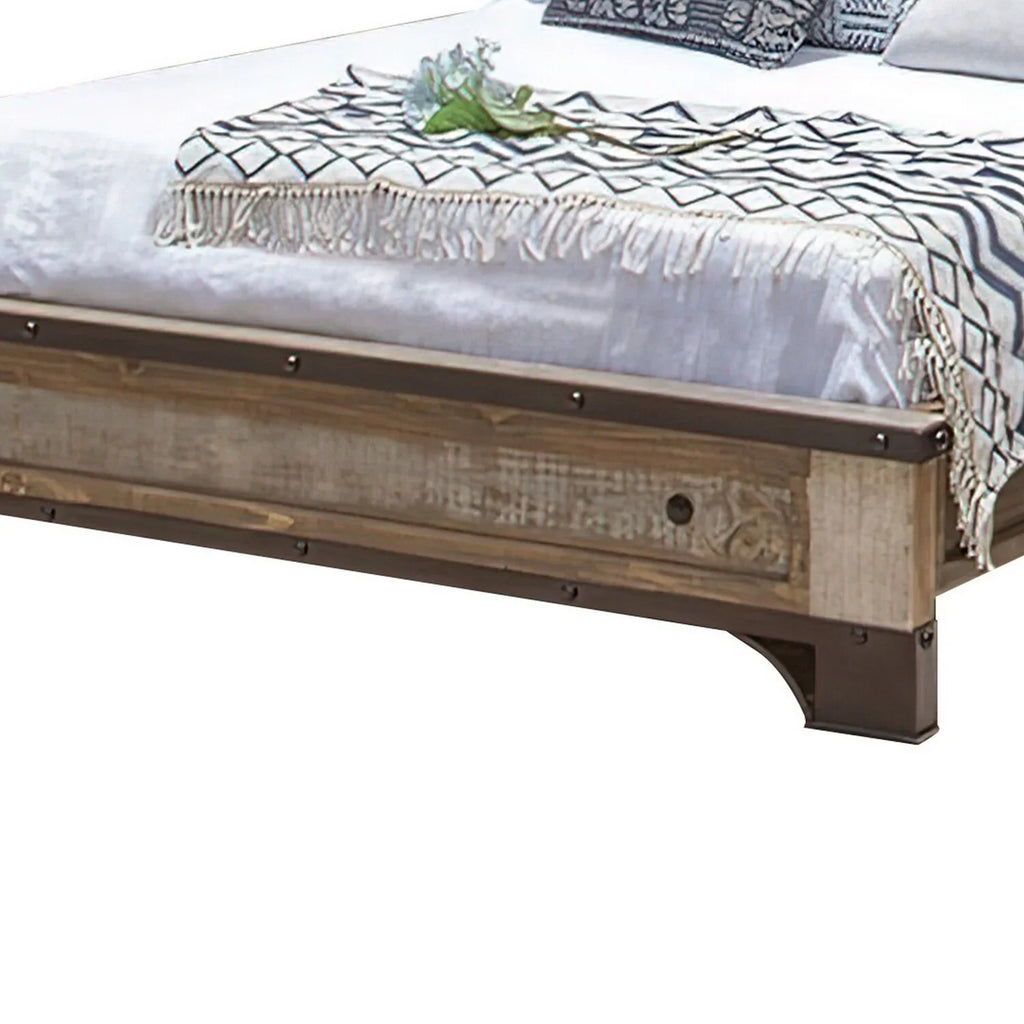 Fena King Round Bed, Nailheads, Brown Wood Size Distressed Black Multicolor Benjara