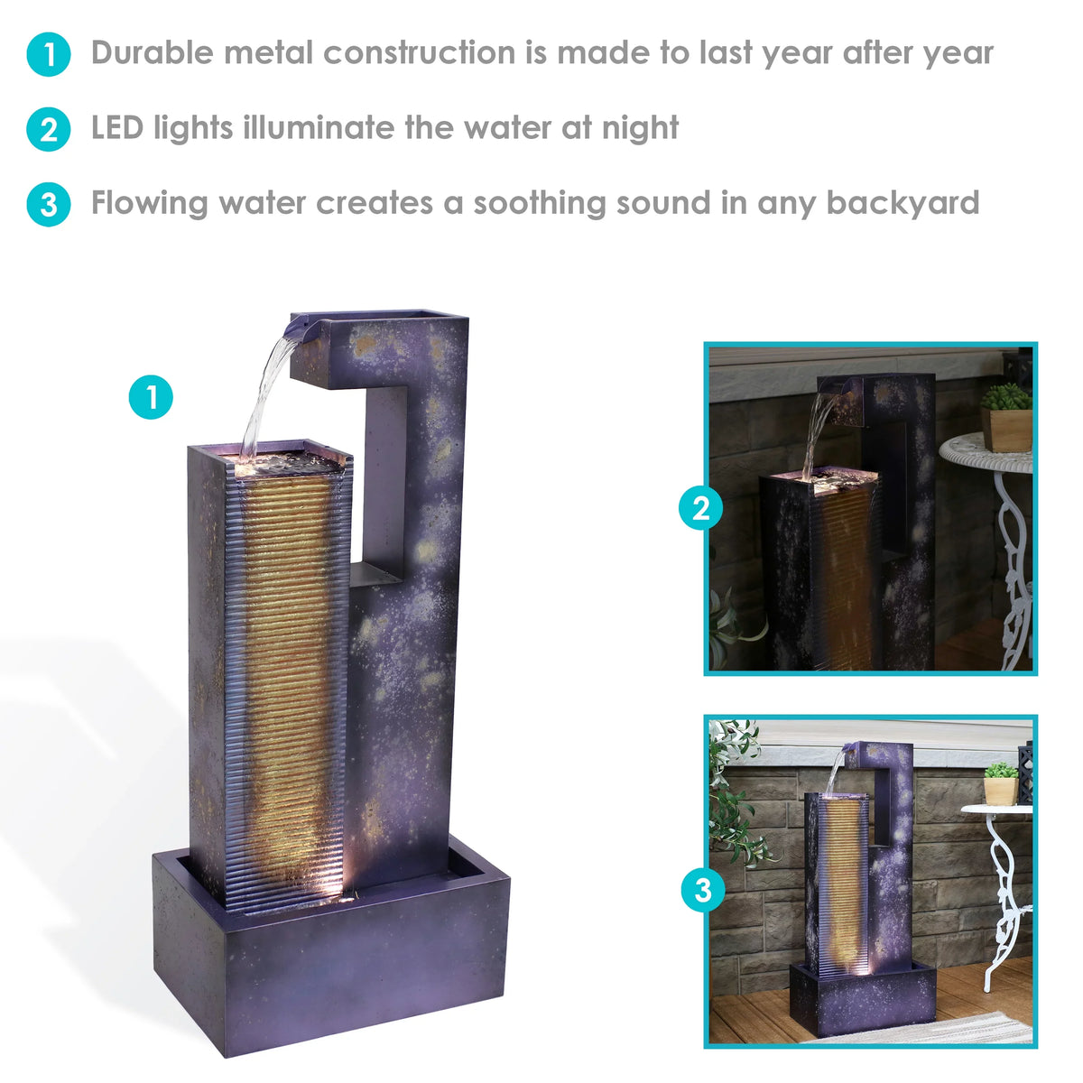 Fountain LED Lights Outdoor with Tower - 32" Metal Sunnydaze Cascading