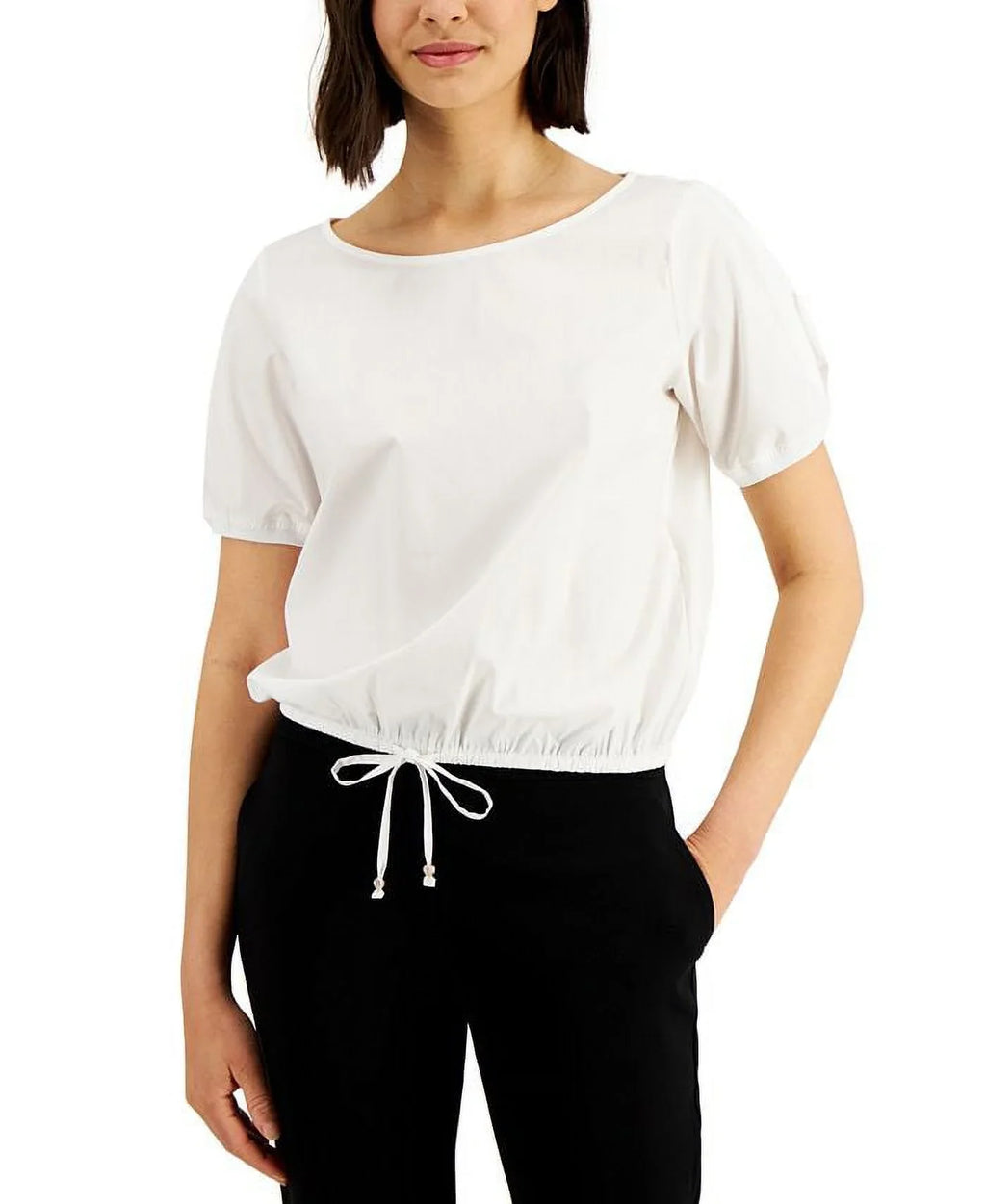 Sleeve Small Drawstring White Karan Puff Donna Size Women's Top