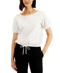 Sleeve Small Drawstring White Karan Puff Donna Size Women's Top
