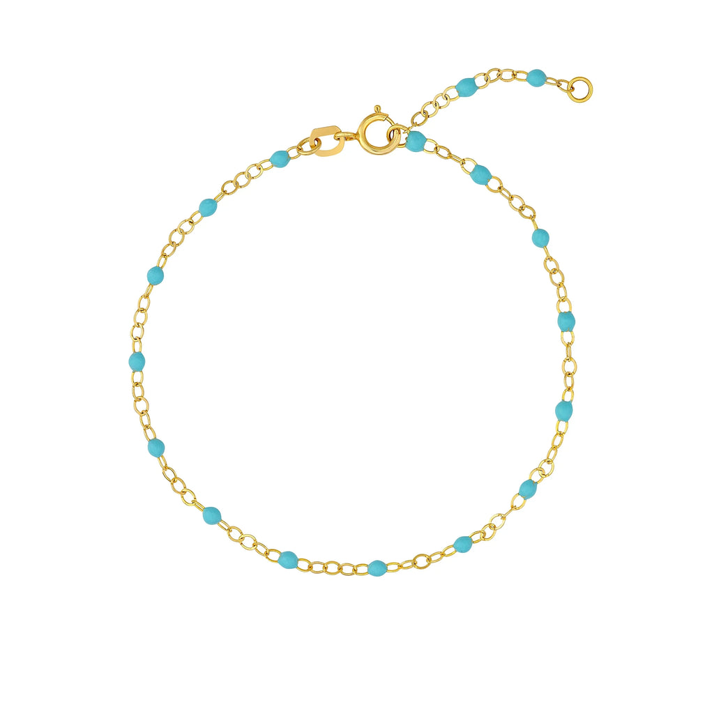 Gold 5.50"-7.50" Turquoise Enamel Bracelet Yellow Women's Piatto Bead Adjustable 14K Light