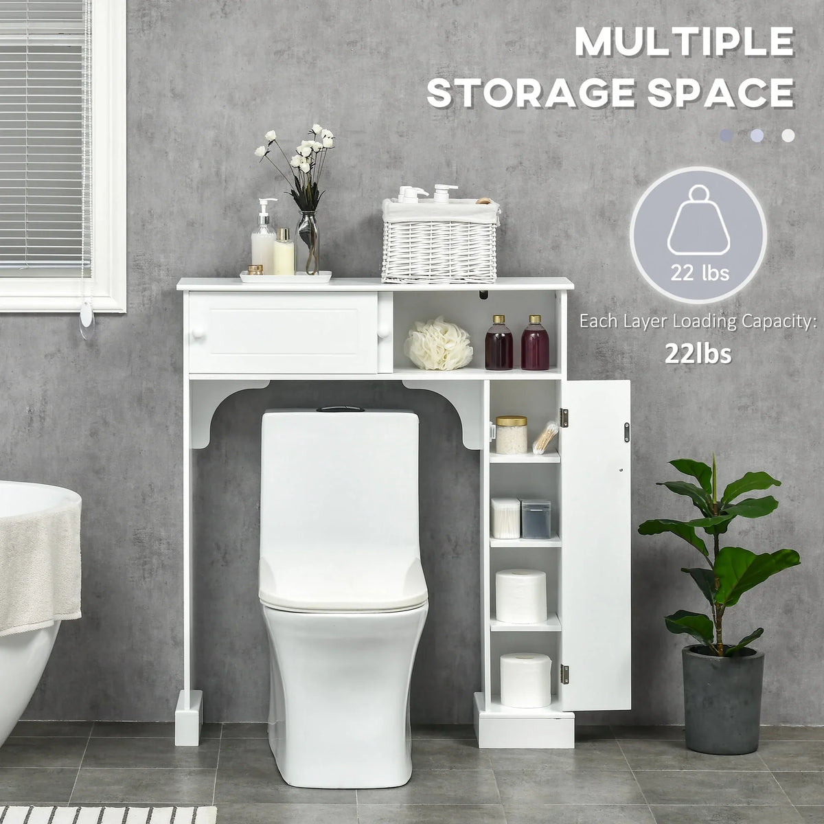 Bathroom Rack, with Over the White Shelves, kleankin Freestanding Toilet Cabinet, Toilet Organizer Bathroom Adjustable Storage