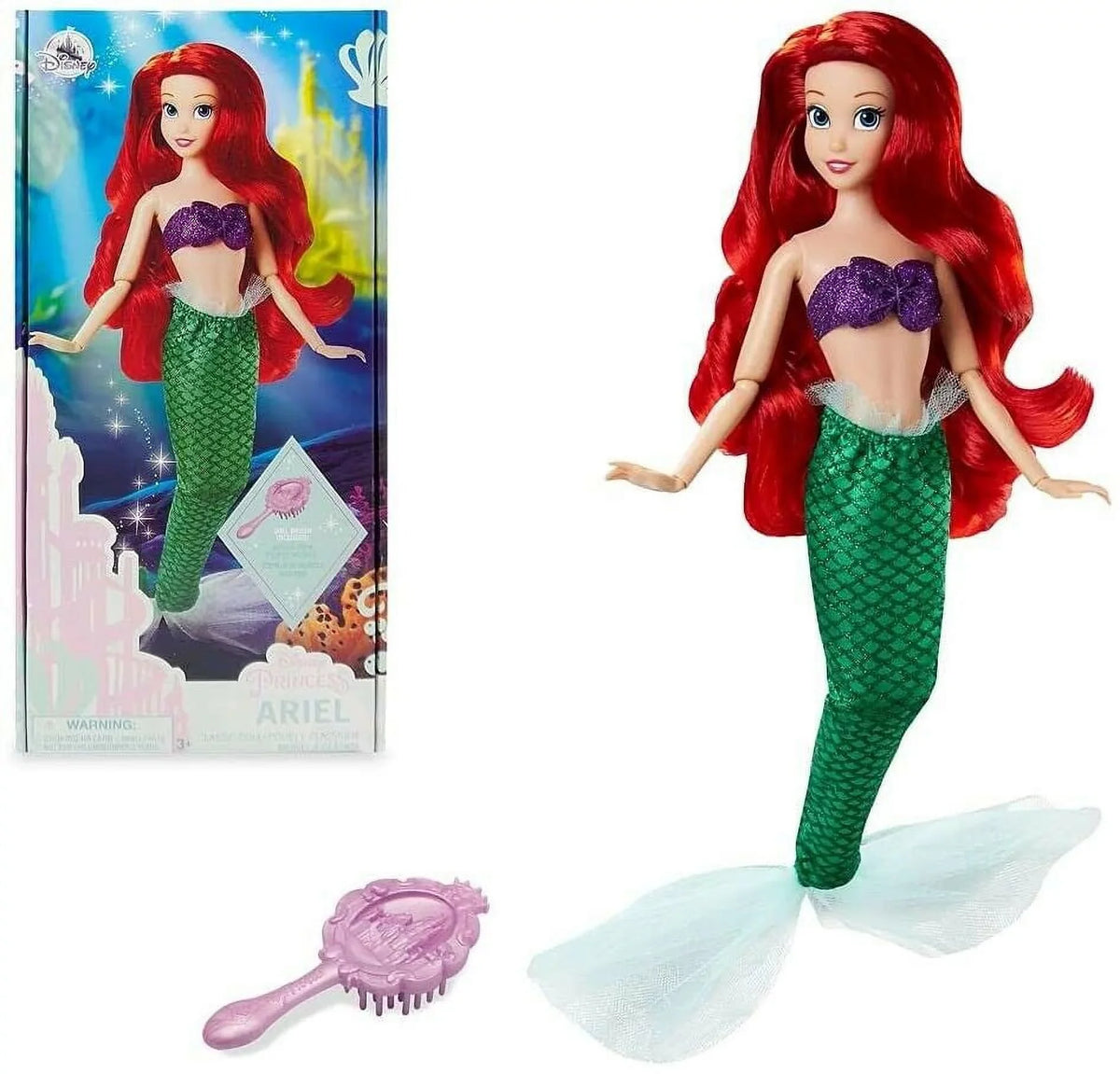 Classic Boxed New Brush Little Mermaid Doll Princess Ariel Hairbrush w Figure 11.5”