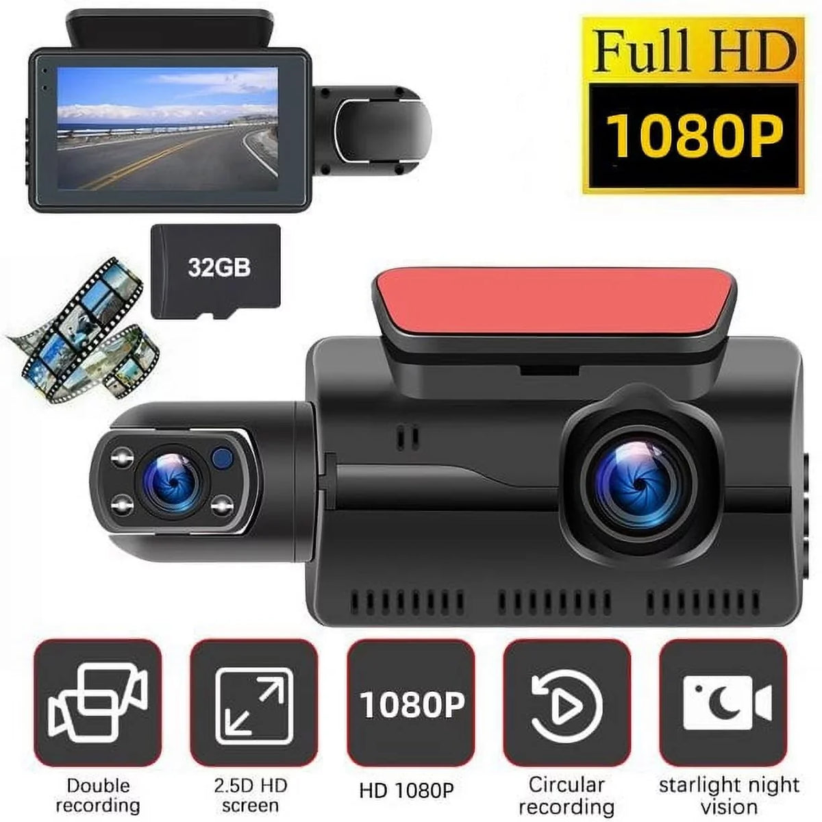 Lens, Inside and G-Sensor Front Dual Vision Angel Driving Card, W/32GB HD Car Car Cam Parking DVR Dash Recorder Dash Loop TF Camera for Cam Recording Car, 1080P Night Wide Dual