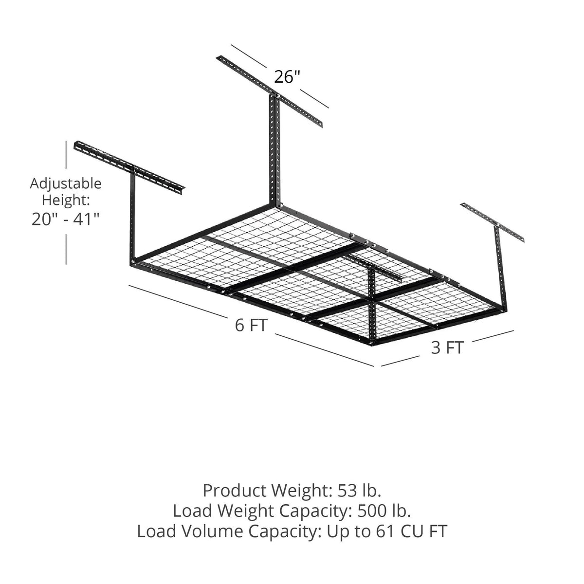 41" Adjustable 3' Rack, Ceiling Grid Organization x Wire Bikes Mount LB 6' 500 Bins Attachments Metal 20" Capacity, for to with Loading Height, Titan Storage Equipment Garage System, Overhead Storage