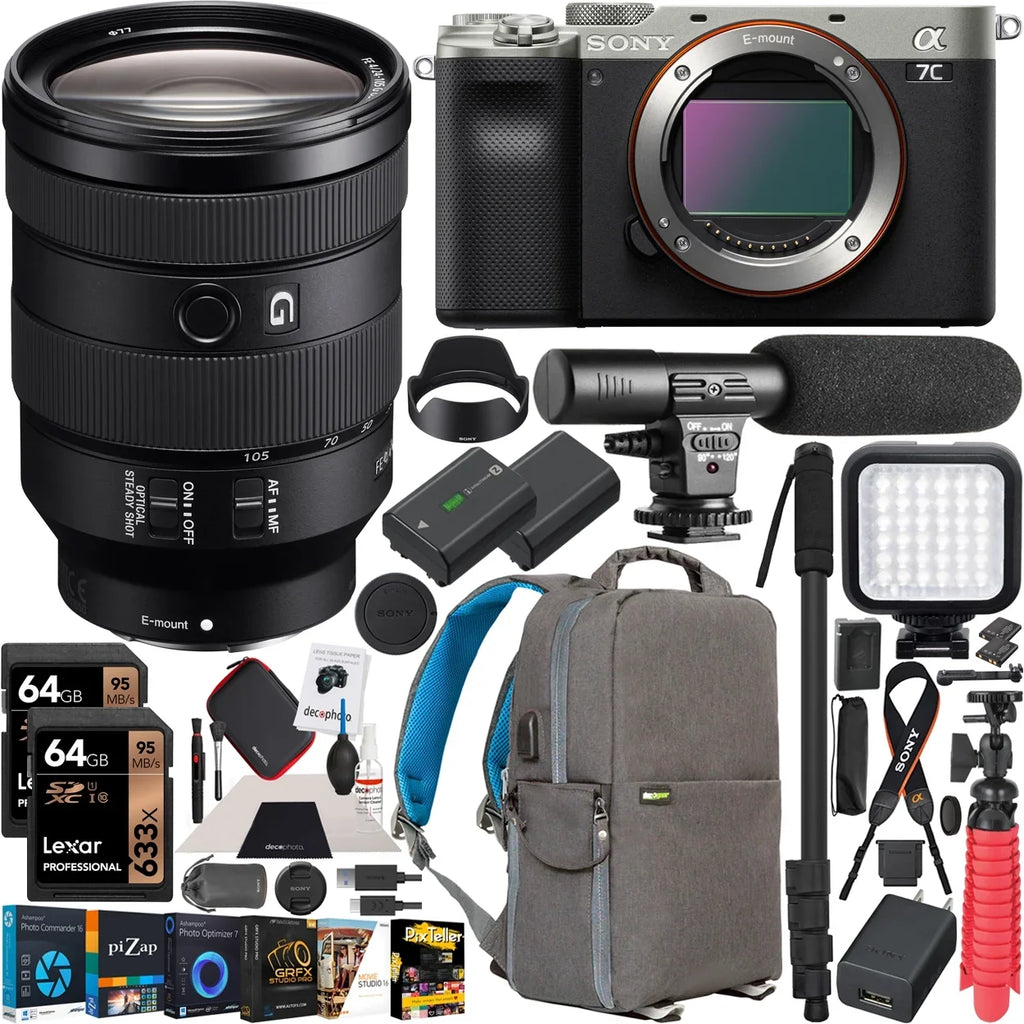 Full Sony Sony Camera 24-105mm FE Case with Silver Backpack a7C Body Bundle F4 Zoom SEL24105G Lens Software and with , G Photography Accessories ILCE7C/S Frame Gear Deco Mirrorless OSS