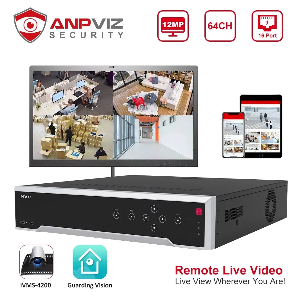 Anpviz Video Embedded Network for Recording, NVR, PoE Play HDMI/VGA 64CH Recorder & 4K Plug Output Simultaneous 12MP Video 24/7