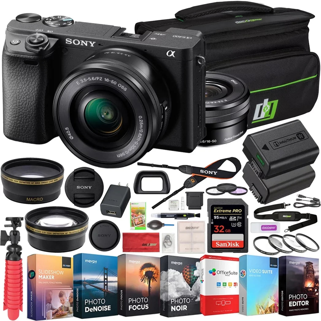 a6400 Editing Deco Camera Lens Battery f/3.5-5.6 Kit Bundle Telephoto Lens OSS Gear Power Sony Filter 2.2X Angle Extra and 0.43x (Black) ILCE-6400L/B with Case 16-50mm 4K + Wide Mirrorless Set &