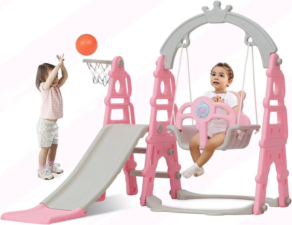 for Climb Outdoor Baby with Kinbor Playground Toddler Set, & Easy Playset Slide 1 Slide Stairs, Indoor & Swing Slide Extra Long Basketball Climber 5 Pink in Hoop,