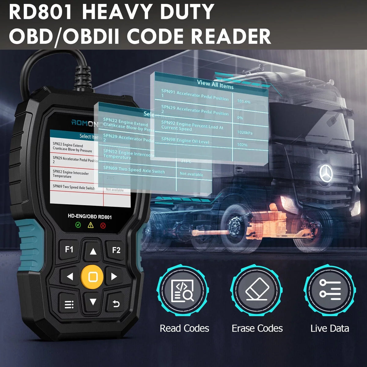 Diesel Diagnostic Romondes Scanner Duty OBD2 Code Heavy Scanner Tool Truck RD801 Truck Reader