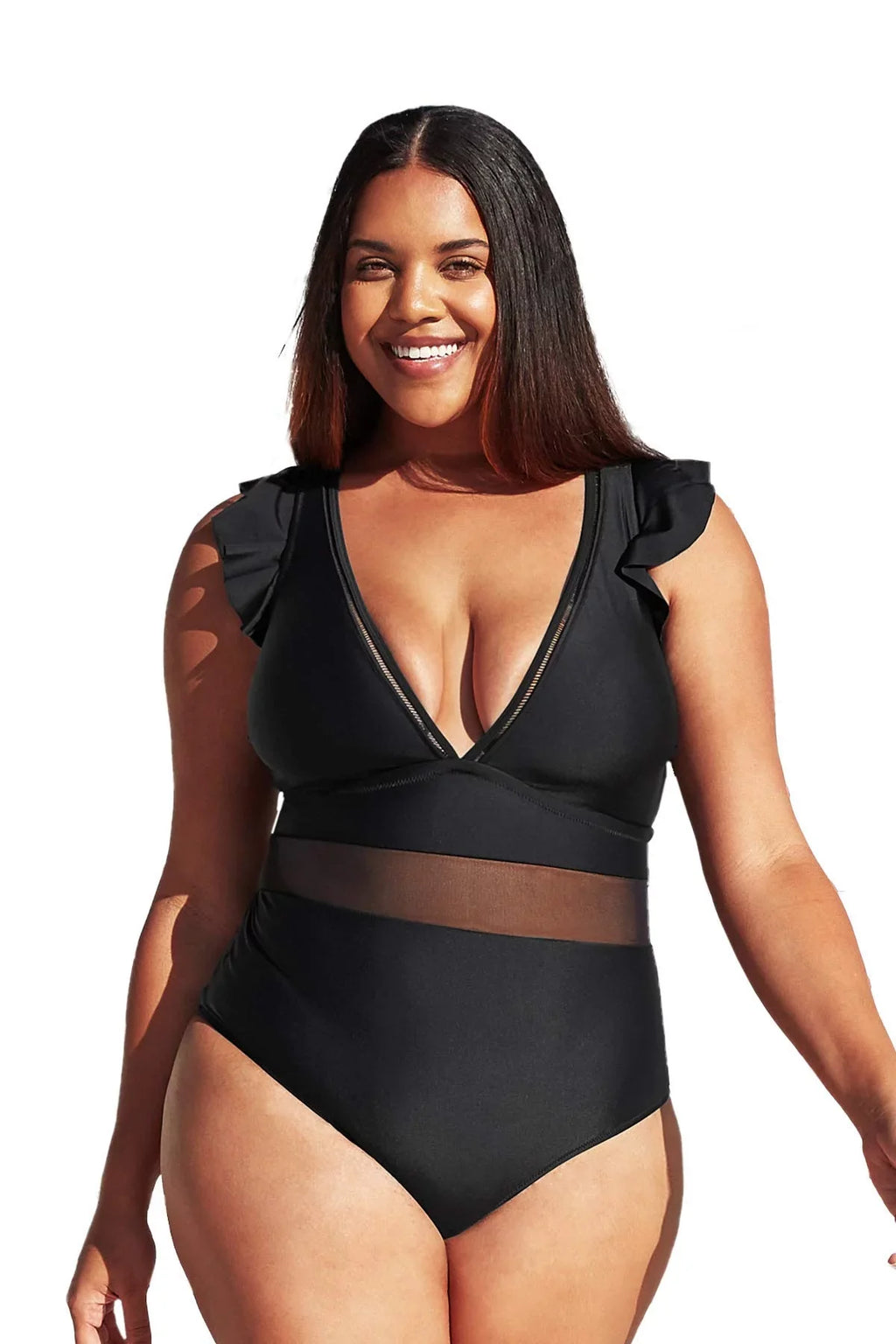 One Plus Bathing Cupshe Ruffle XXXXL Neck Piece Size V Mesh Black Suit, Women's