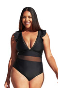 One Plus Bathing Cupshe Ruffle XXXXL Neck Piece Size V Mesh Black Suit, Women's