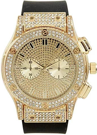 Bling Cuban) Inspired Faux - - Chrono Hop Watch Diamond by Big - Rubber Raymond Hip Out on Eyes (Gold Rhinestones - Blast Iced ST10311 Timepiece Charles Mens