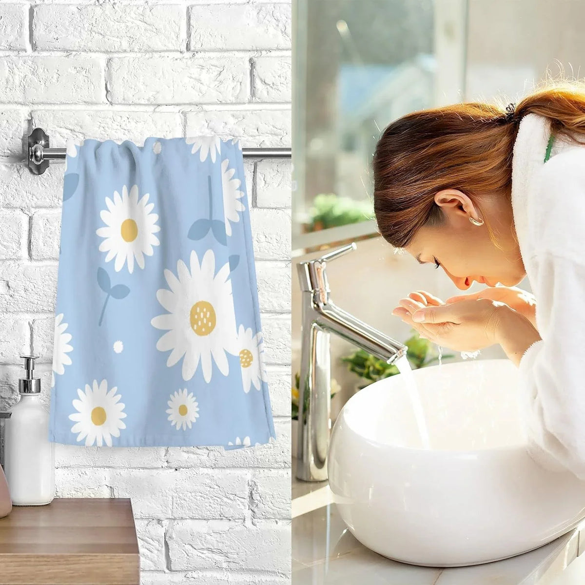 Hand of Highly Absorbent 2 Towel- Blue Set Flower Quick-Dry Bath Pack Daisy Towel Wellsay Cotton Washcloths, Face
