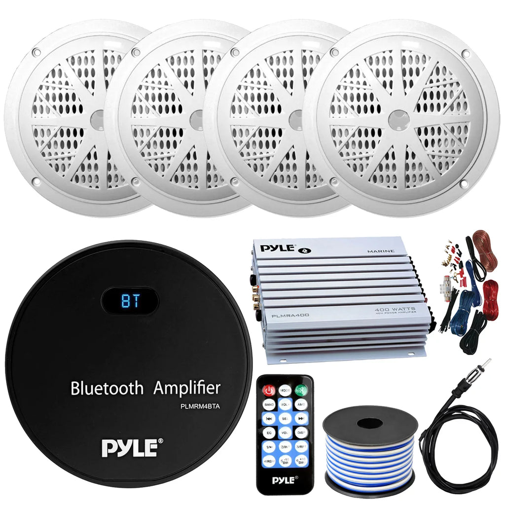 Gauge Bundle: 120W USB Bluetooth Receiver 21-29' 6.5'' Combo Style Pyle Bundle Amp Pontoon Speaker Wiring Antenna 4-Channel x Kit, Wire, 4 Audio Marine Marine White Boat w/ Radio Speakers, with AUX