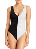 XS Womens Neckline Scoop Solid Striped One-Piece Swimsuit B/W Lucia & Ruched
