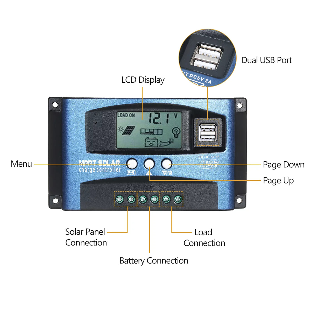 USB Controller,Dual USB Screen Dazzduo Dual Output 5V/2A Output 5V/2A Identification Dual LCD 12V/24V 5V/2A Dual Solar Solar Solar USB Dual Screen USB USB