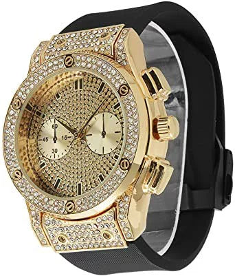 Bling Cuban) Inspired Faux - - Chrono Hop Watch Diamond by Big - Rubber Raymond Hip Out on Eyes (Gold Rhinestones - Blast Iced ST10311 Timepiece Charles Mens