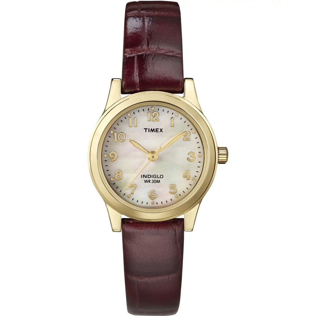 Leather Women's Gold/Burgundy/MOP Timex Strap Dress Essex 25mm Watch, Avenue