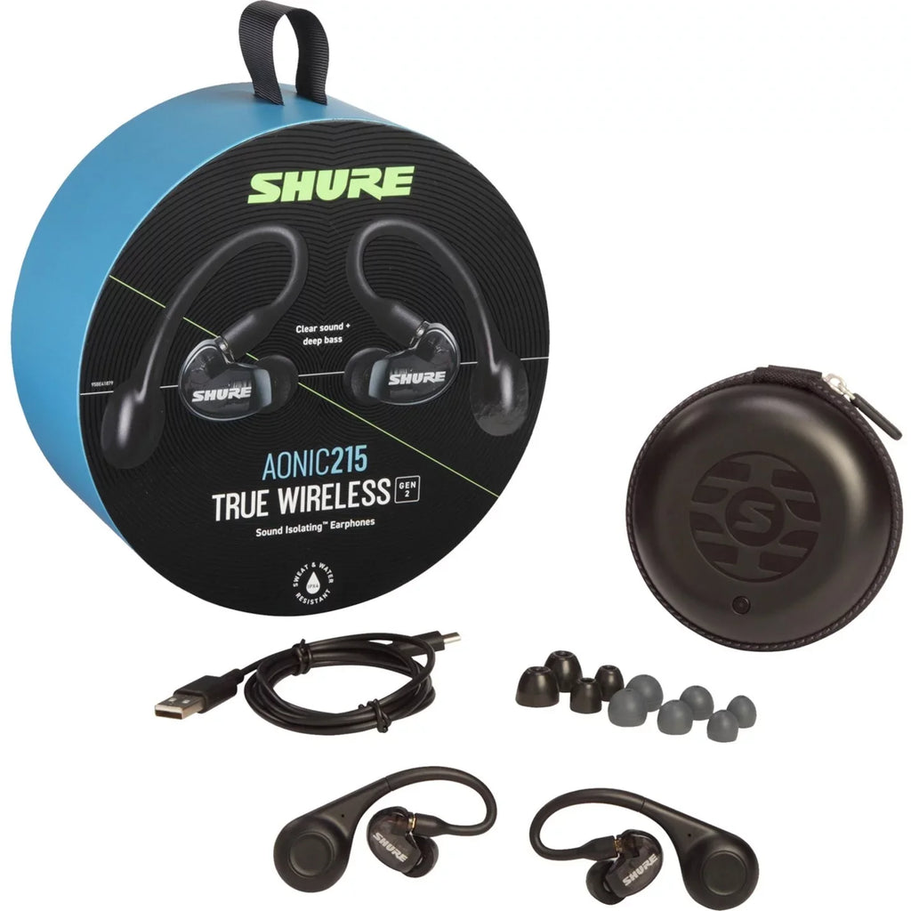 Black Fingertip 5 (Gen 32-Hour TW2 Wireless AONIC - Sound - Premium Deep Fit Secure Audio Controls Life, Technology, Shure with Bass, 2) Isolating Bluetooth Battery 215 Earbuds Over-the-Ear, with True