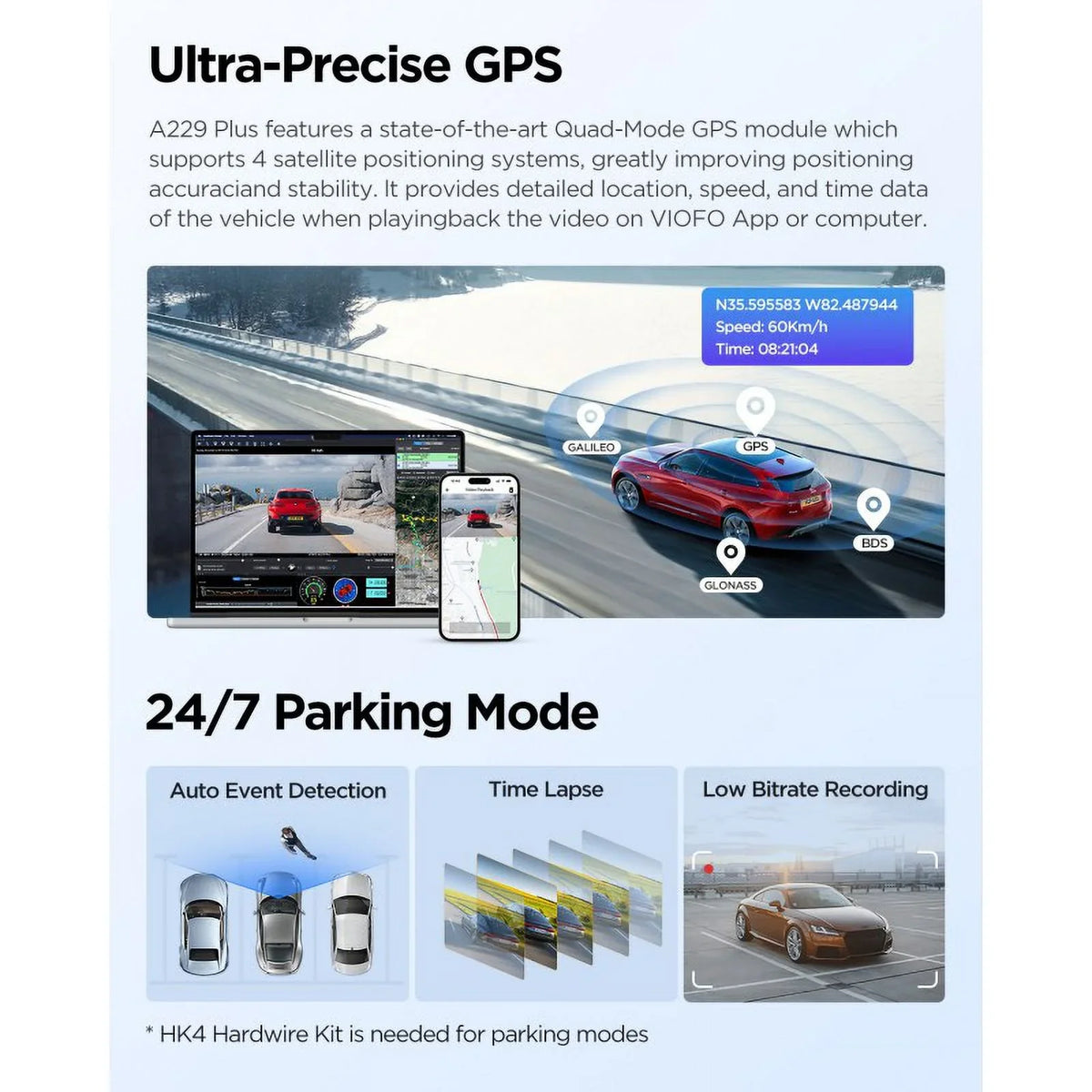 A229 GPS, Dash STARVIS Mode, Max Wi-Fi, 2K/2K Voice 2-Channel Cam 2, 512GB VIOFO QHD Control, Plus with Parking Support