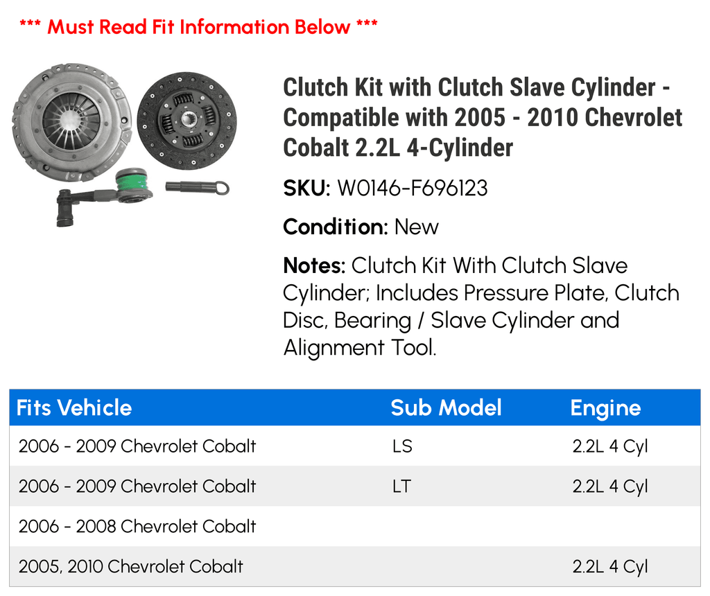 2.2L 2007 - - Chevy Clutch 2005 with 2009 Kit 2008 2010 Clutch Cobalt 4-Cylinder Compatible Cylinder 2006 with