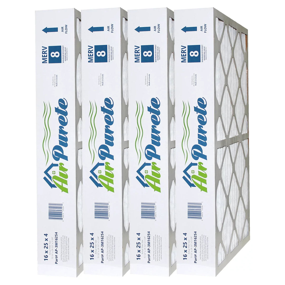 High x Furnace 8 4 Pack | AP-3M16254 Size: Nominal Filters | of 15-1/2" x 16x25x4 | MERV Capacity | 3-3/4" Size: Actual AirPurete 24-1/2"