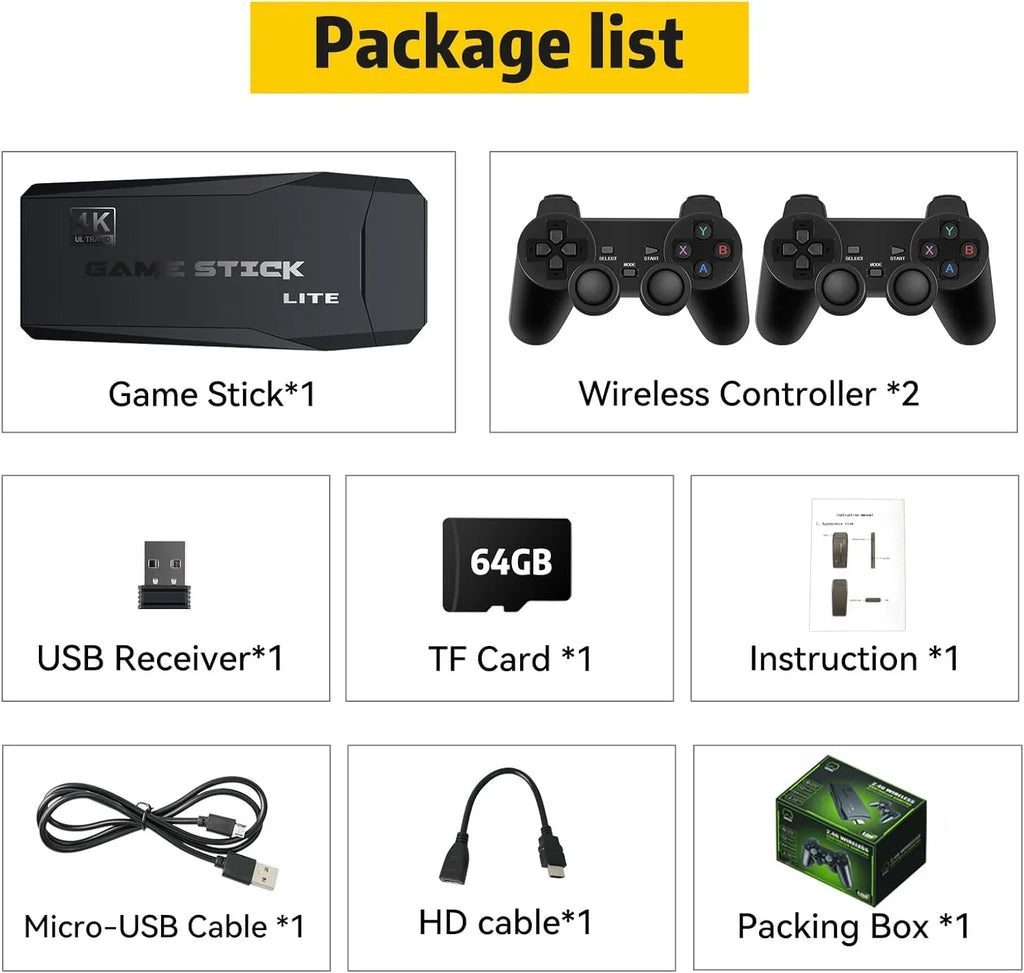 Retro Games, Stick, HD and Play Plug Game TV, Console Video with Console 64G with Emulator Game Output, 4K 12 25000+ Compatible 2.4GHz Controllers Wireless for Retro Stick MAME/PS1/GB, Nostalgia Play